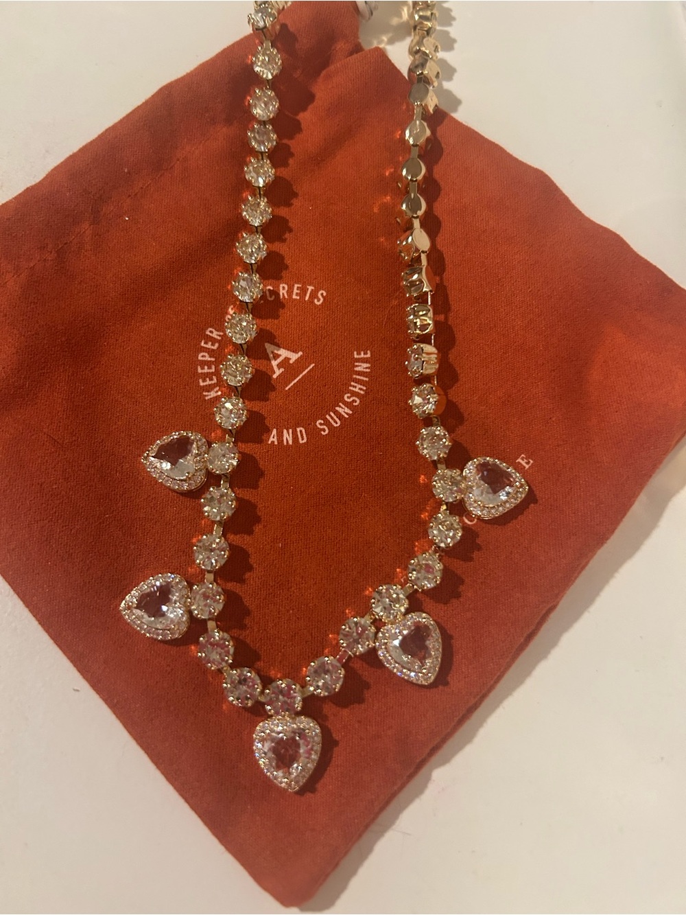 Anthropologie Gold-Tone Heart Pendant Crystal Necklace - clear stones